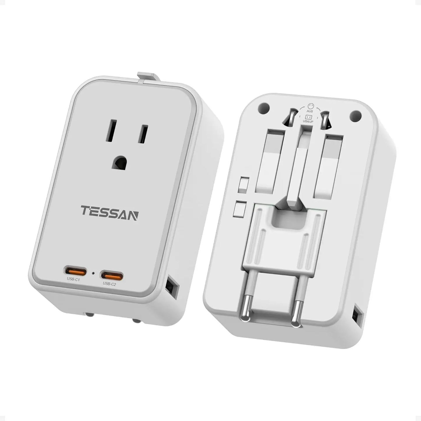 TESSAN Travel Adapter PD 20W, Grey 45W, Universal Power Adapter 2 USB C 1 USB A, Ultra Thin International Plug Adaptor Worldwide Outlet for US to European UK Italy Spain New Zealand (Type C G a I), 1 Pack