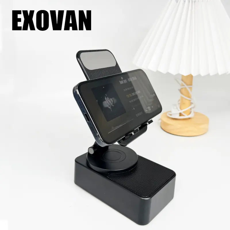Wireless Audio Bluetooth Speaker 5In1 Phone Holder Emergency Rechargeable Withcolorful Ambient Light 300° Foldable for Tablet Iphone Android, Gifts for Men Women ,Black
