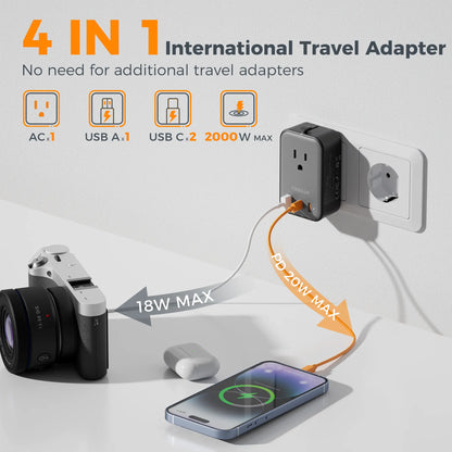 TESSAN Travel Adapter PD 20W, Grey 45W, Universal Power Adapter 2 USB C 1 USB A, Ultra Thin International Plug Adaptor Worldwide Outlet for US to European UK Italy Spain New Zealand (Type C G a I), 1 Pack