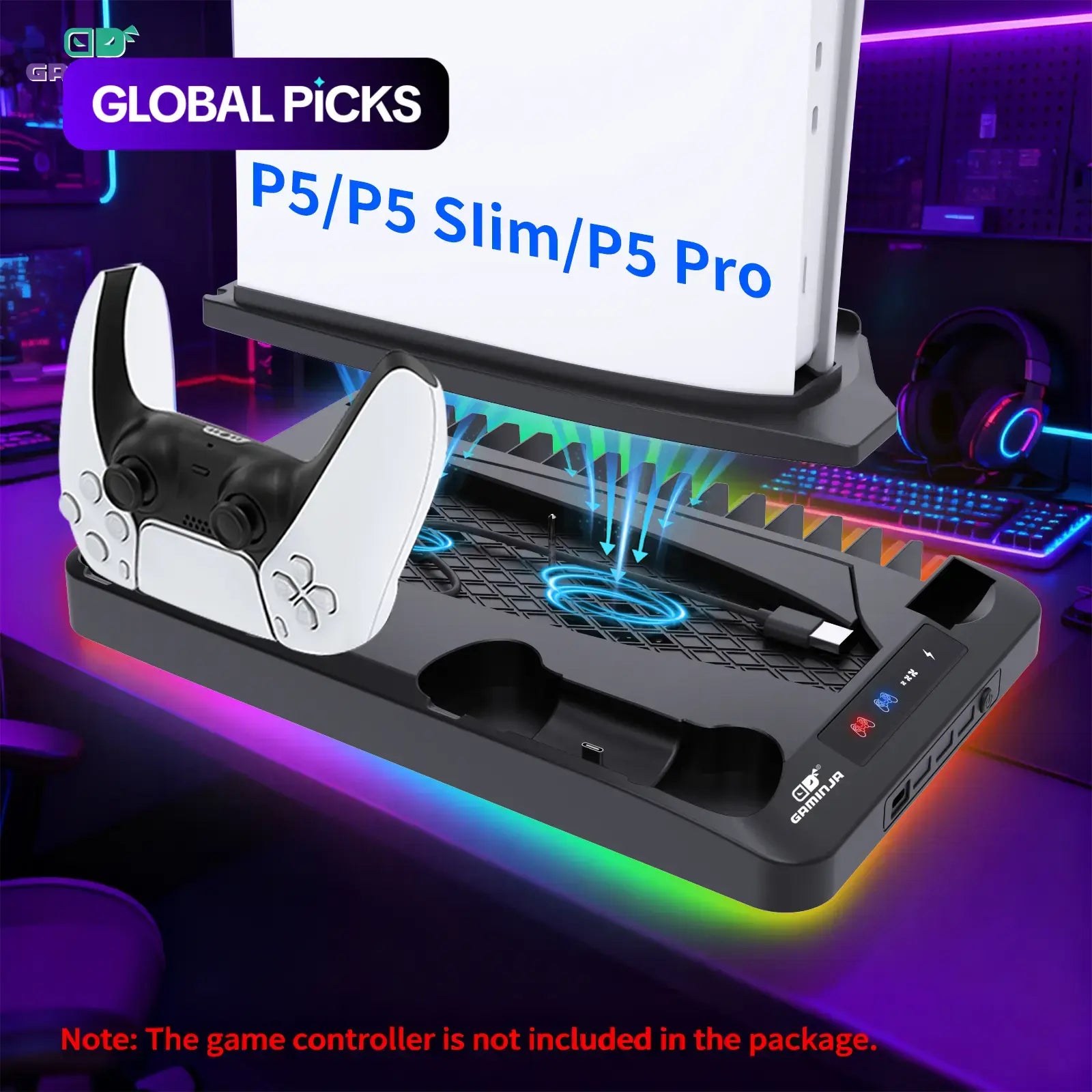 GAMINJA P58 Charging Base Cooling Bracket Compatible with PS5 Console, Vertical Stand Cooling Fan, Multi-Functional Cooling & Charging Station for PS5 Slim Pro All Model Universal #GLOBAL PICKS