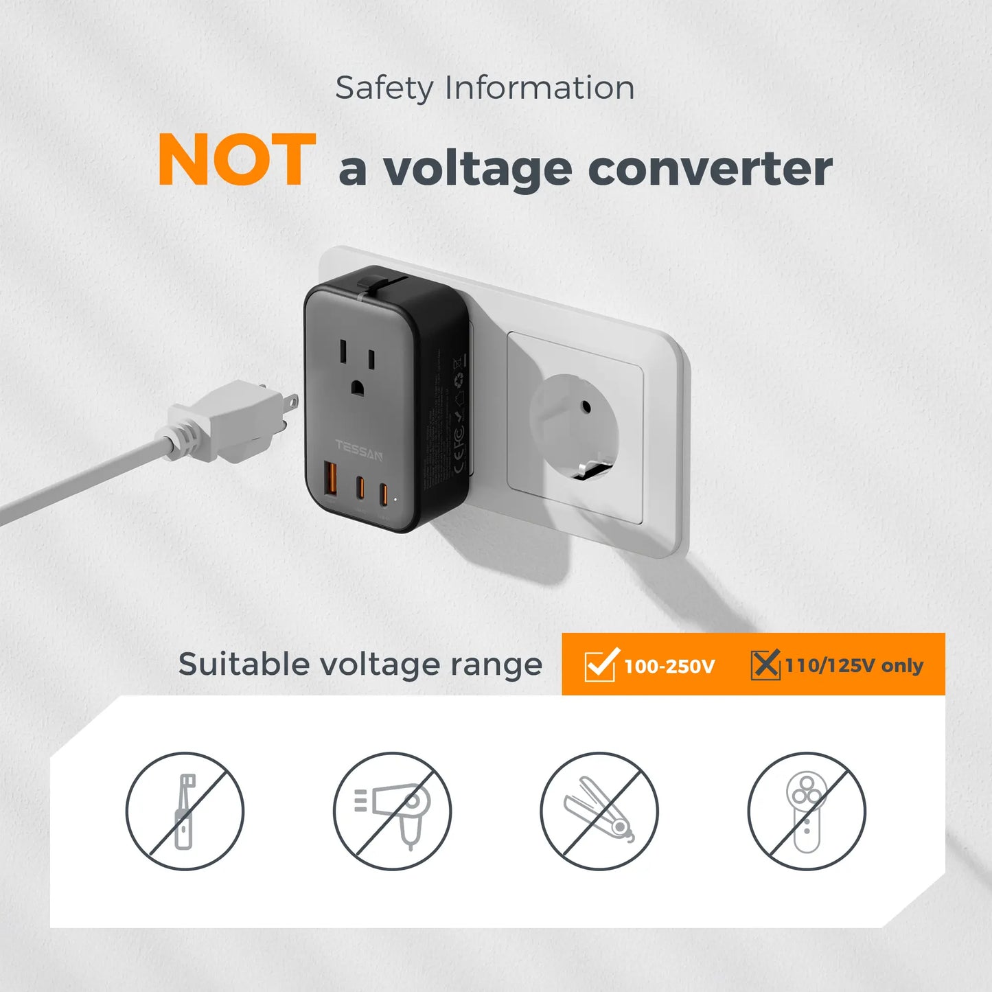 TESSAN Travel Adapter PD 20W, Grey 45W, Universal Power Adapter 2 USB C 1 USB A, Ultra Thin International Plug Adaptor Worldwide Outlet for US to European UK Italy Spain New Zealand (Type C G a I), 1 Pack