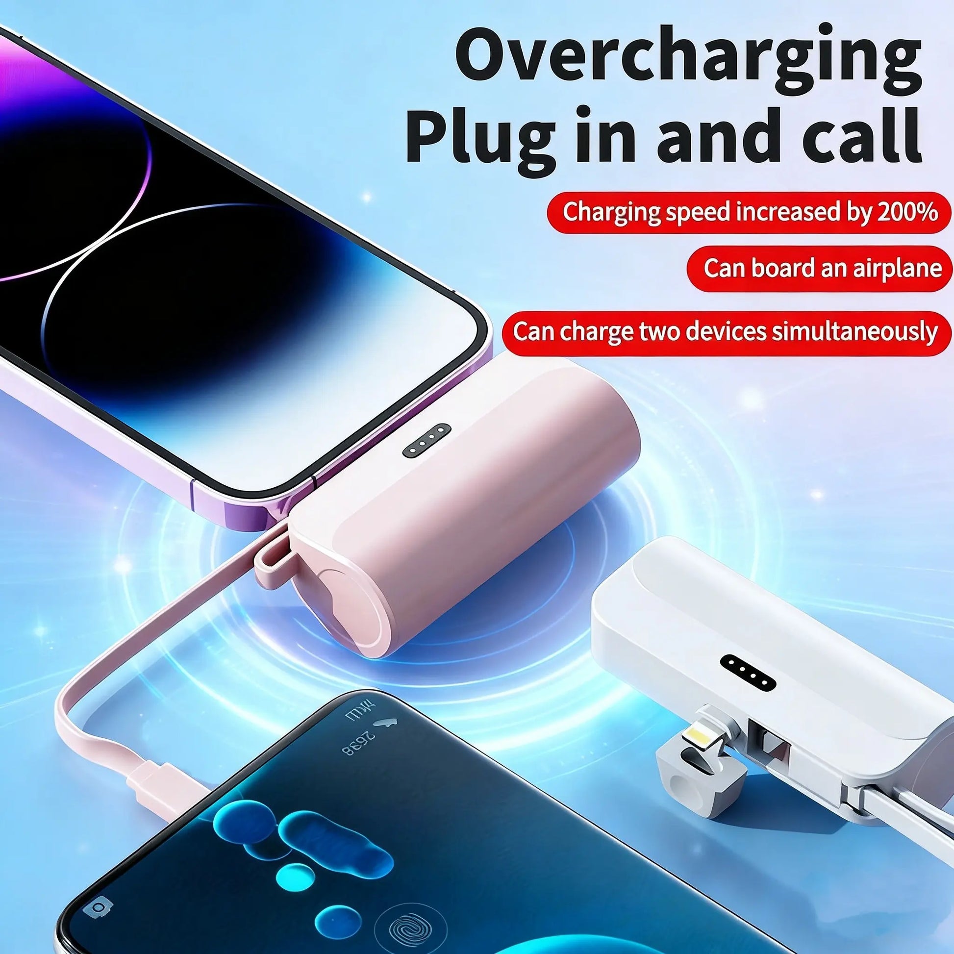Pocket Wireless Rechargeable Battery, 5000Mah, Compact Portable, Supports Ios and Type-C, Large Capacity Power Bank, Lithium Ion, for Iphone and Android