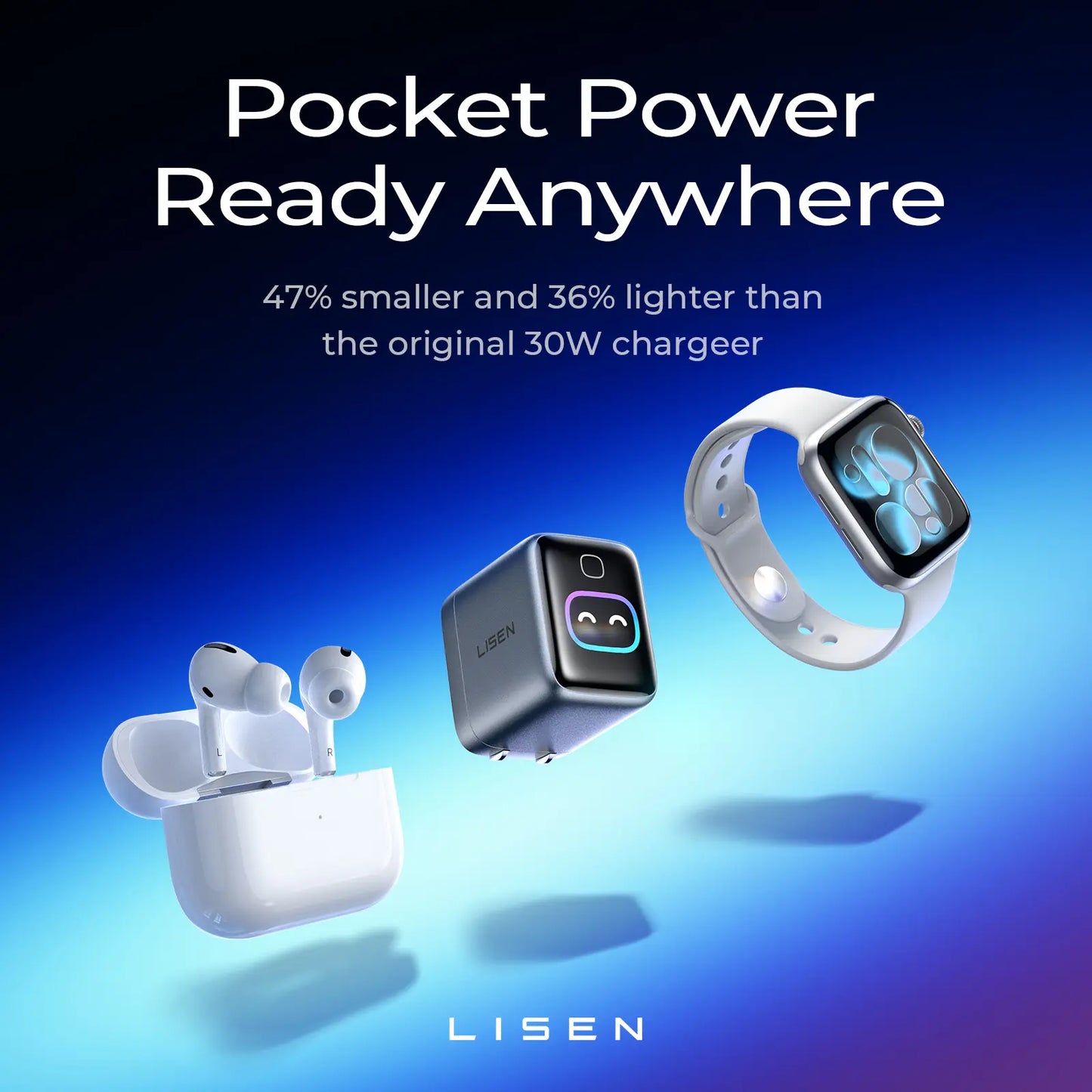 LISEN Neo Charger: Smartphone 45W USB-C Fast Charger Featuring Intelligent Device Recognition. Compact in Size, It Is Equipped with 180° Foldable Prongs and Is Compatible with the Iphone 17/16/15 Series, Macbook, and Apple Watch #Summervibes