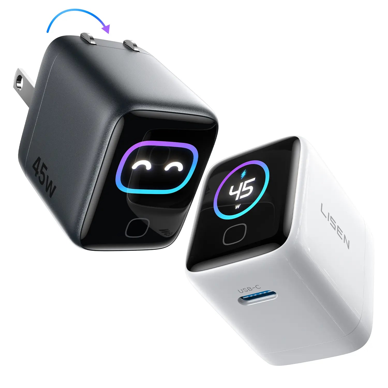 LISEN Neo Charger: Smartphone 45W USB-C Fast Charger Featuring Intelligent Device Recognition. Compact in Size, It Is Equipped with 180° Foldable Prongs and Is Compatible with the Iphone 17/16/15 Series, Macbook, and Apple Watch #Summervibes