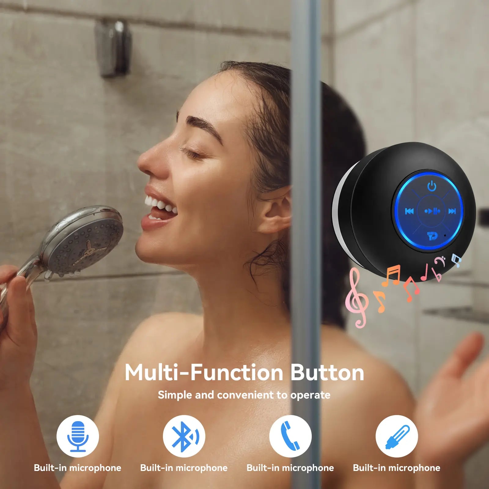 Waterproof Bluetooth Shower Speaker，Portable Wireless Water-Resistant Speaker，Rgb Lights，Ipx4，Suction Cup,Built-In Mic Gifts Speakerphone for Iphone Phone Tablet Bathroom Kitchen - Black