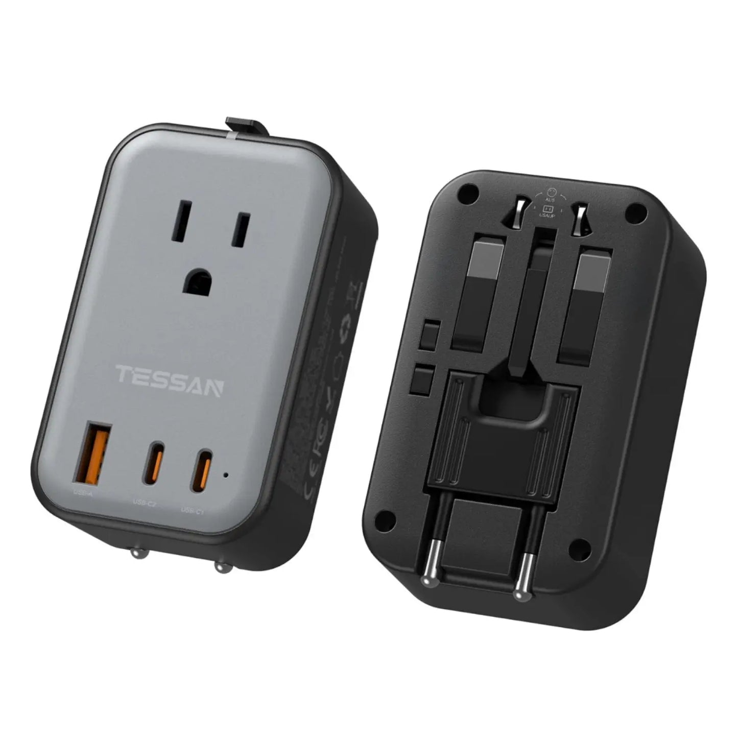 TESSAN Travel Adapter PD 20W, Grey 45W, Universal Power Adapter 2 USB C 1 USB A, Ultra Thin International Plug Adaptor Worldwide Outlet for US to European UK Italy Spain New Zealand (Type C G a I), 1 Pack