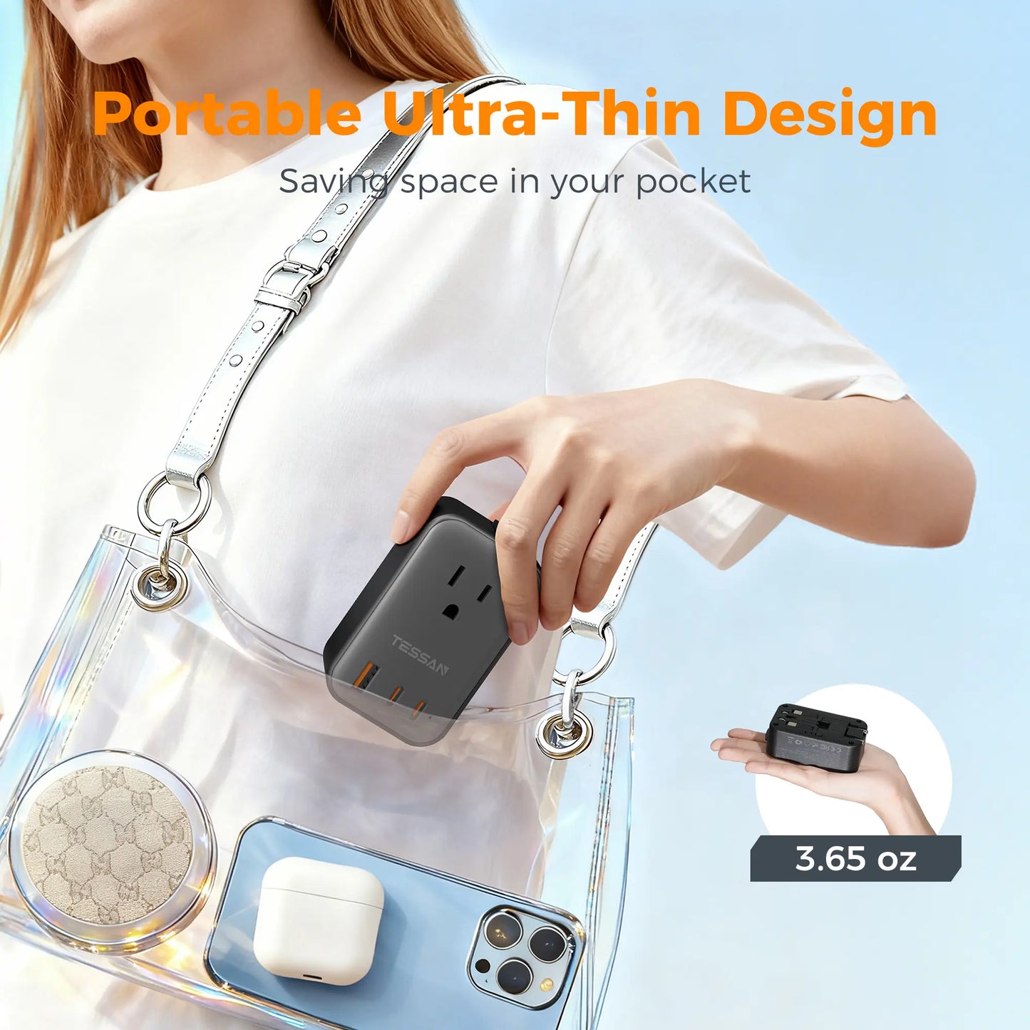 TESSAN Travel Adapter PD 20W, Grey 45W, Universal Power Adapter 2 USB C 1 USB A, Ultra Thin International Plug Adaptor Worldwide Outlet for US to European UK Italy Spain New Zealand (Type C G a I), 1 Pack