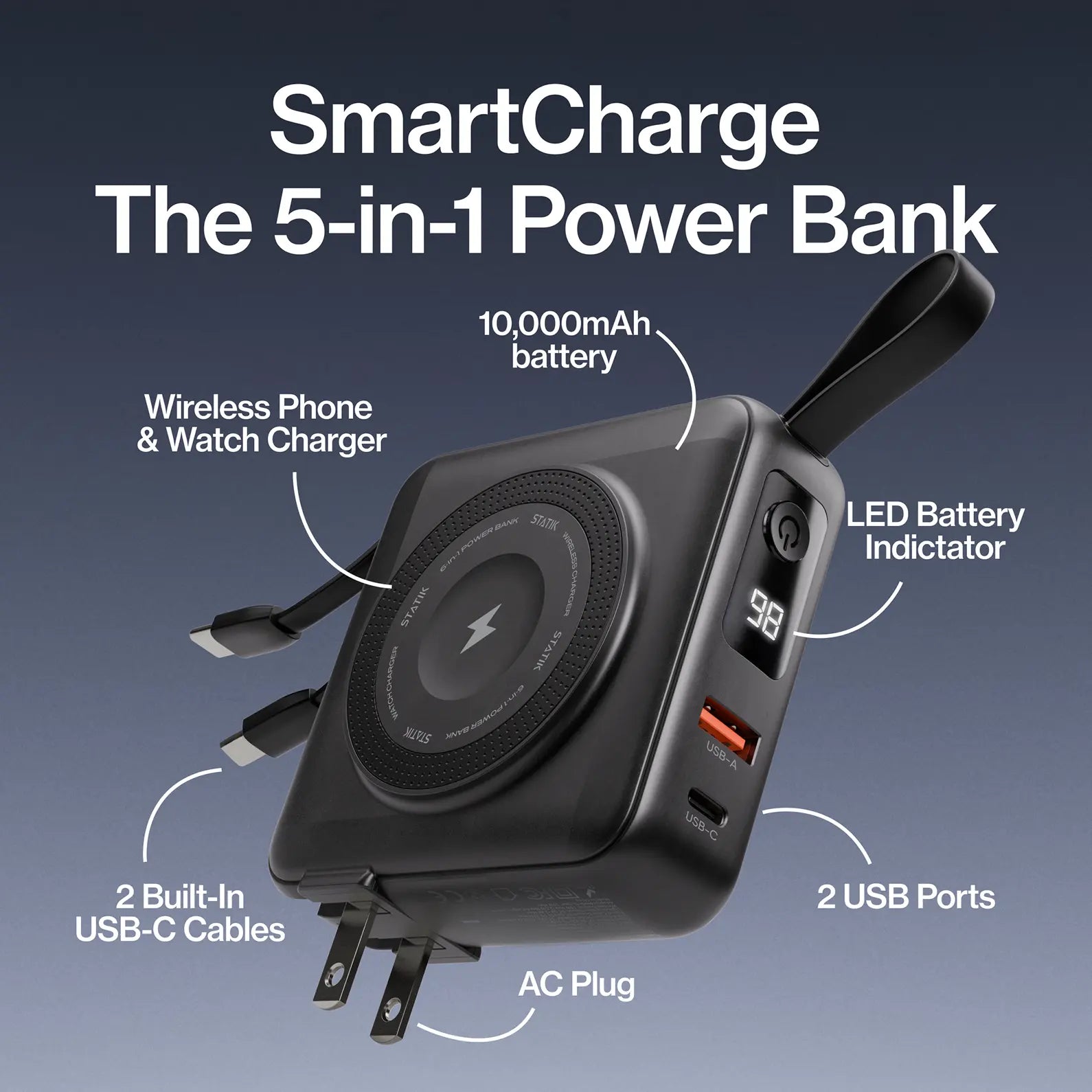 STATIK Smartcharge Gen 2: 5-In-1 Travel Power Bank | 10,000Mah Battery | Built-In Cables | Apple Watch Charger | AC Wall Plug for International Travel | Charging | Wireless