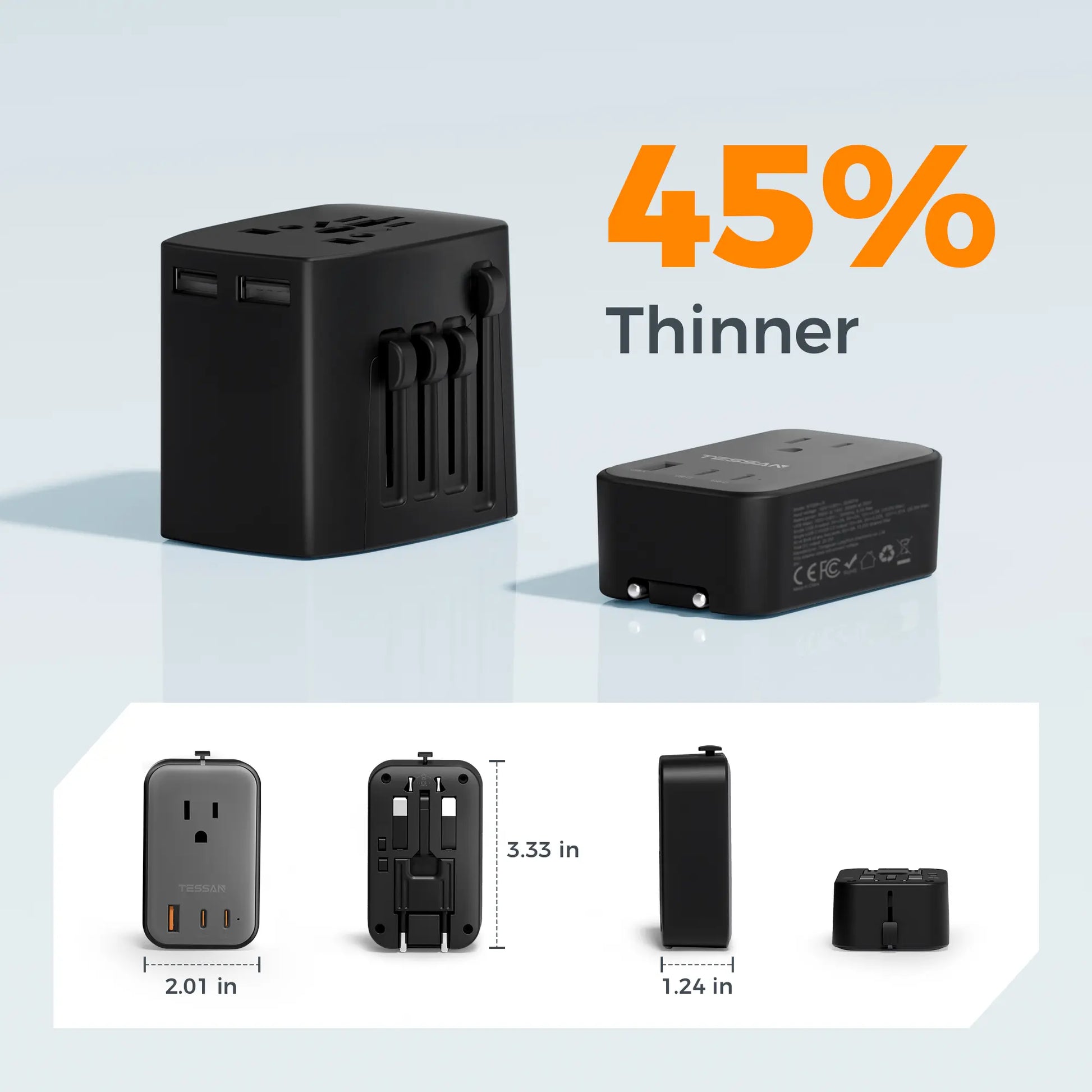 TESSAN Travel Adapter PD 20W, Grey 45W, Universal Power Adapter 2 USB C 1 USB A, Ultra Thin International Plug Adaptor Worldwide Outlet for US to European UK Italy Spain New Zealand (Type C G a I), 1 Pack