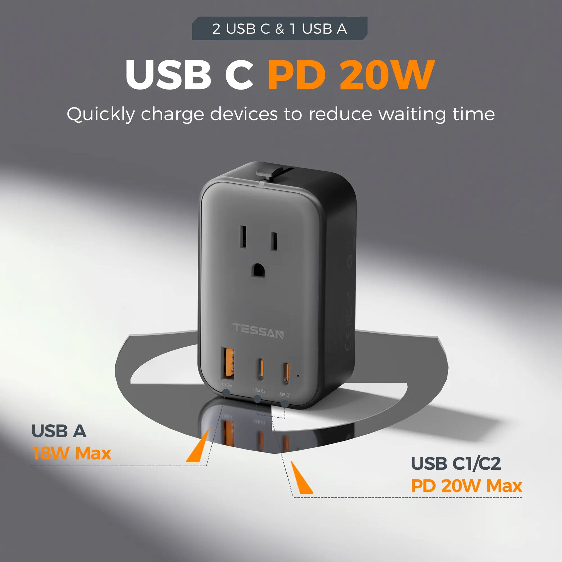 TESSAN Travel Adapter PD 20W, Grey 45W, Universal Power Adapter 2 USB C 1 USB A, Ultra Thin International Plug Adaptor Worldwide Outlet for US to European UK Italy Spain New Zealand (Type C G a I), 1 Pack